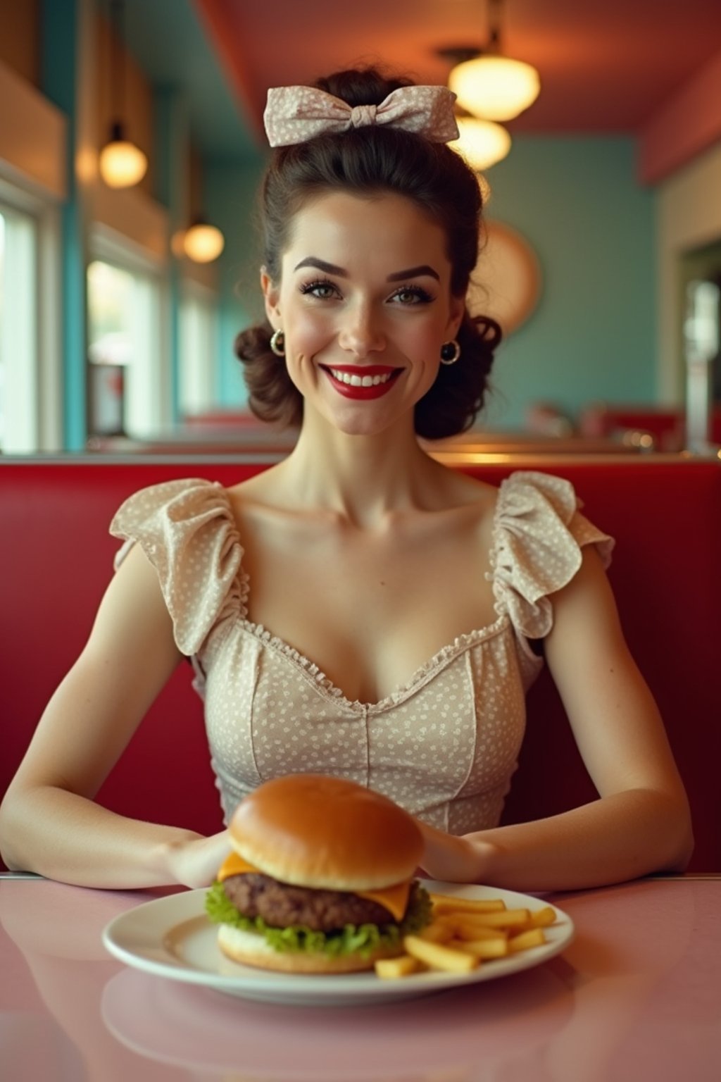 woman in retro 1950s diner photo shoot. french fries and one cheeseburger on a plate in front.  woman wearing 1950s pin up dress and 1950s hair tie