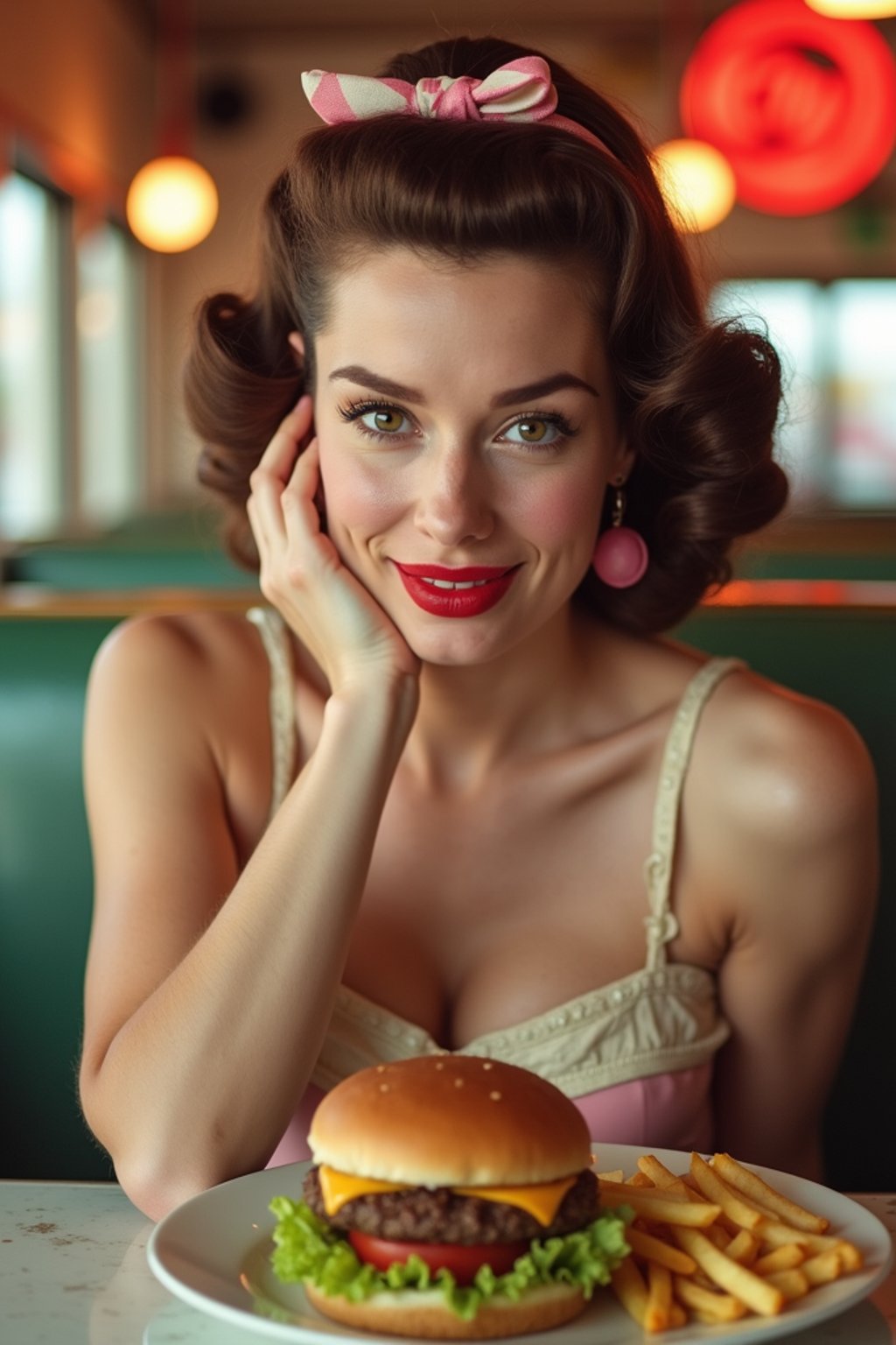 woman in retro 1950s diner photo shoot. french fries and one cheeseburger on a plate in front.  woman wearing 1950s pin up dress and 1950s hair tie