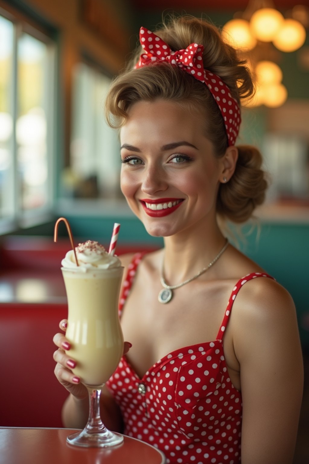 woman in retro 1950s diner photo shoot. one milkshake in front.  woman wearing 1950s pin up dress and 1950s hair tie