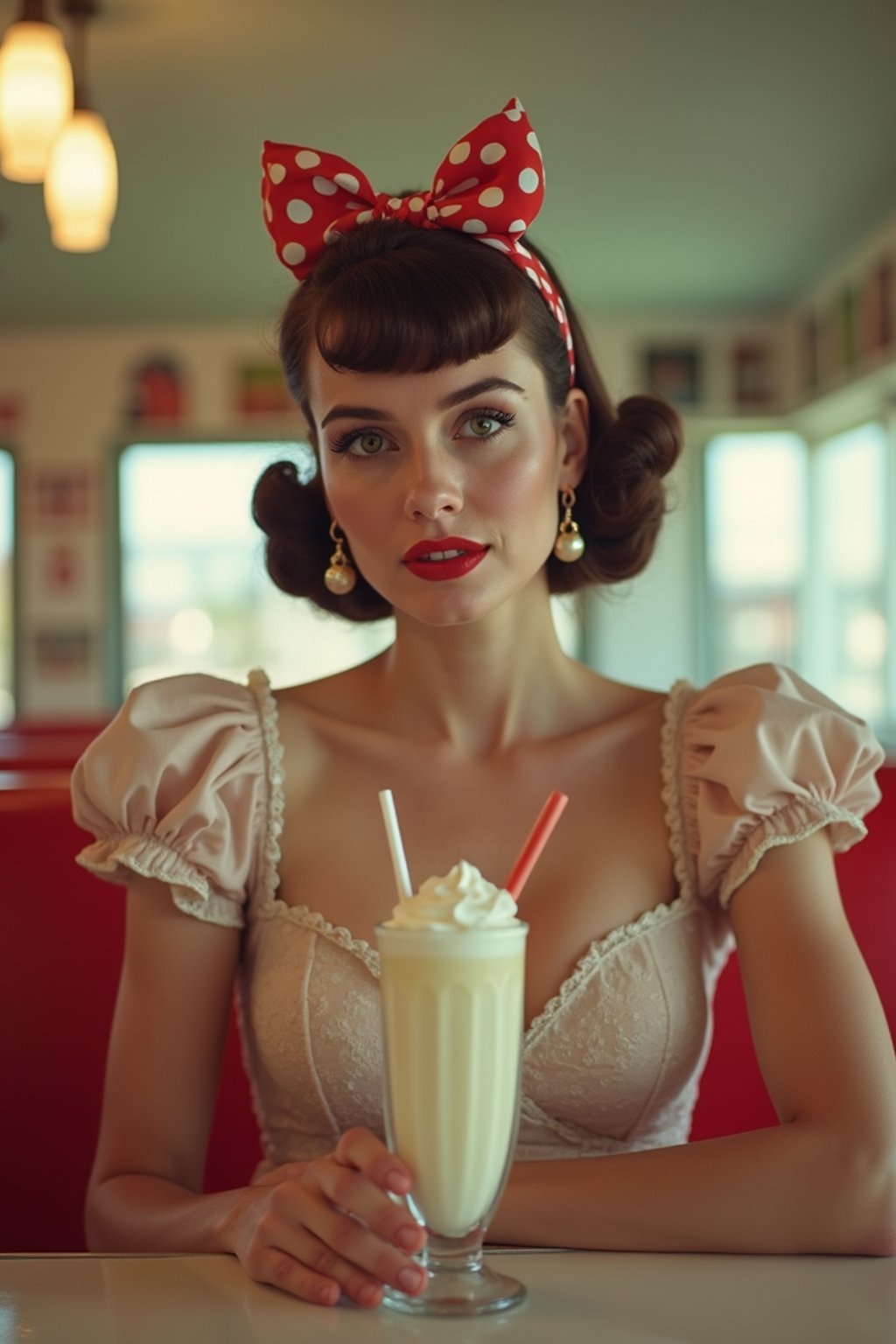 woman in retro 1950s diner photo shoot. one milkshake in front.  woman wearing 1950s pin up dress and 1950s hair tie