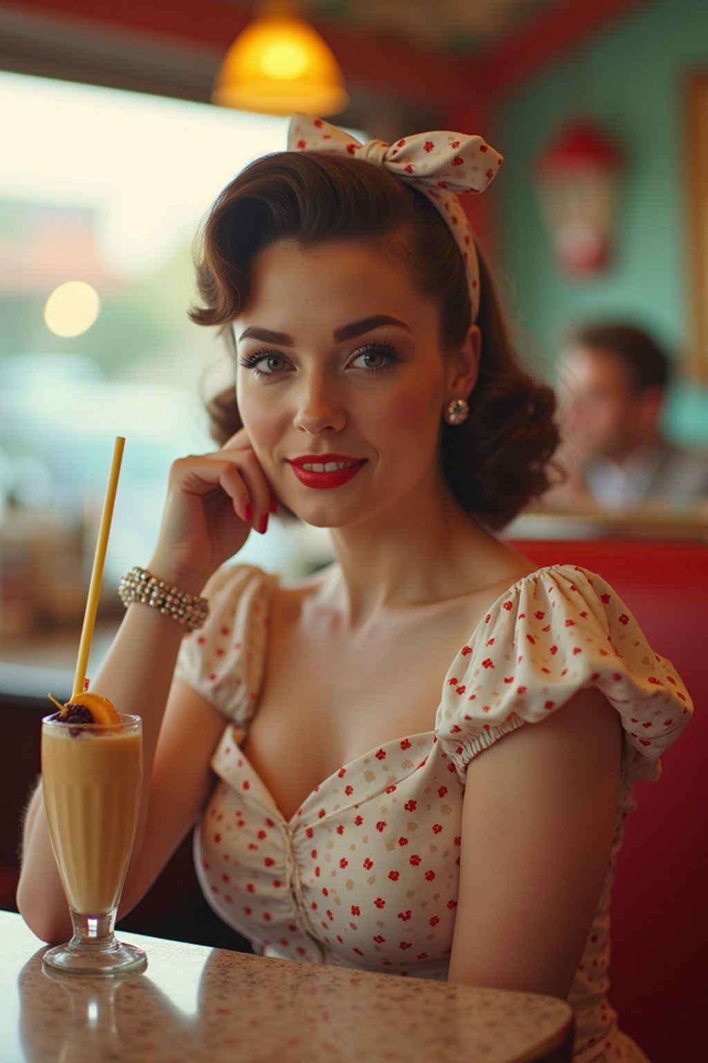 woman in retro 1950s diner photo shoot. one milkshake in front.  woman wearing 1950s pin up dress and 1950s hair tie