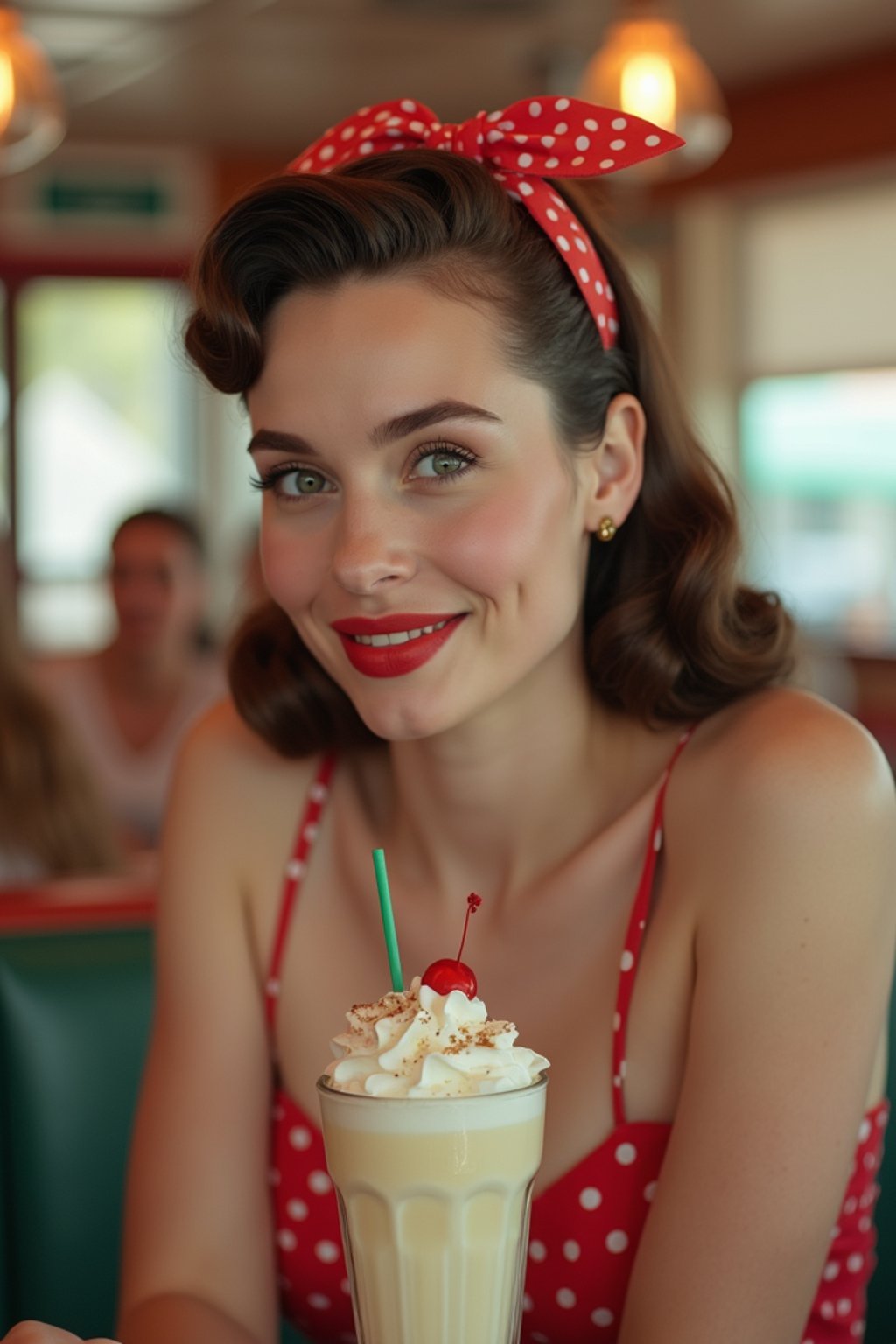 woman in retro 1950s diner photo shoot. one milkshake in front.  woman wearing 1950s pin up dress and 1950s hair tie