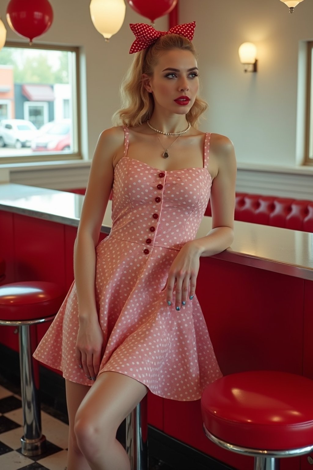 woman in retro 1950s diner photo shoot. posing in front of red 1950s barstools.  woman wearing 1950s pin up dress and 1950s red hair tie. white interior with red seats and black and white flooring.