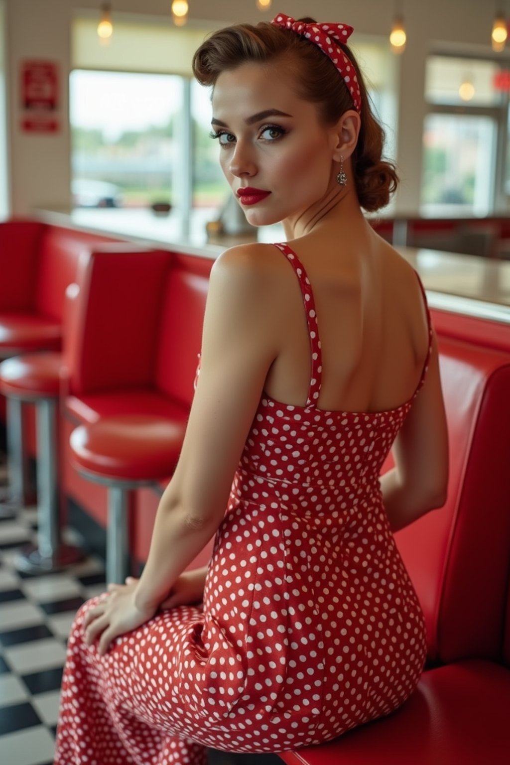 woman in retro 1950s diner photo shoot. posing in front of red 1950s barstools.  woman wearing 1950s pin up dress and 1950s red hair tie. white interior with red seats and black and white flooring.