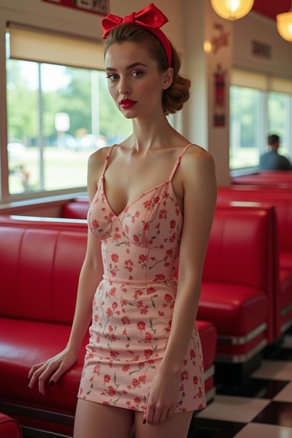 woman in retro 1950s diner photo shoot. posing in front of red 1950s barstools.  woman wearing 1950s pin up dress and 1950s red hair tie. white interior with red seats and black and white flooring.