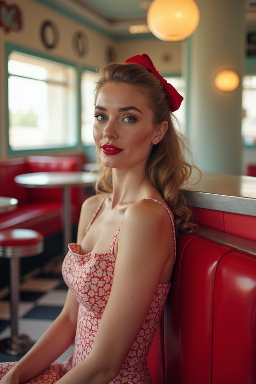 woman in retro 1950s diner photo shoot. posing in front of red 1950s barstools.  woman wearing 1950s pin up dress and 1950s red hair tie. white interior with red seats and black and white flooring.