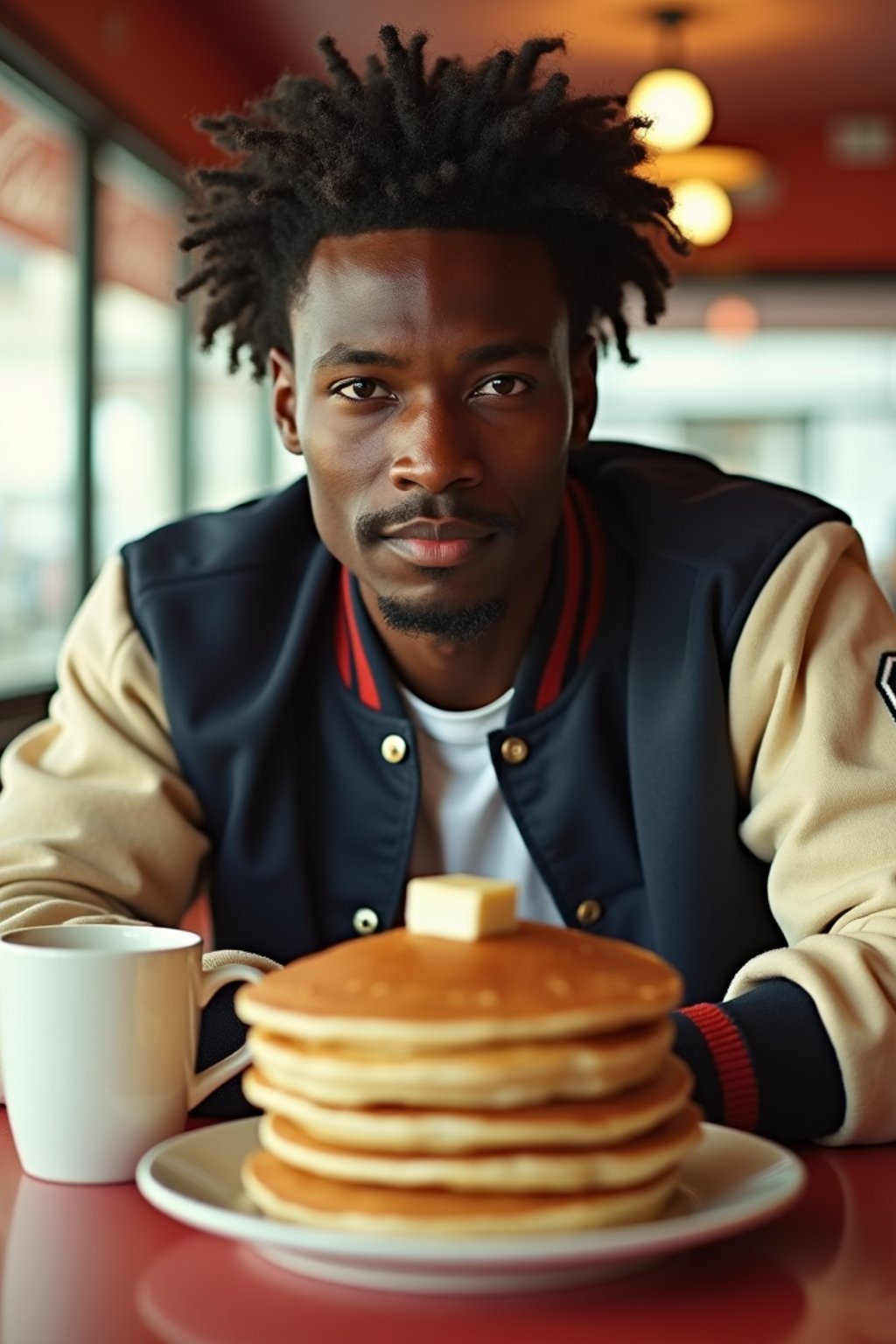 man in retro 1950s diner photo shoot. stack of pancakes and one coffee mug in front. man wearing varsity bomber