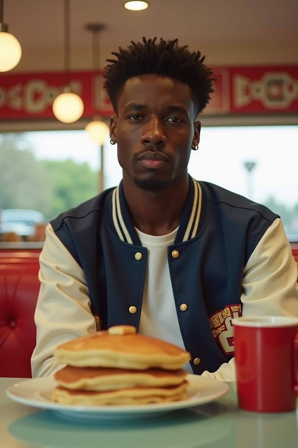 man in retro 1950s diner photo shoot. stack of pancakes and one coffee mug in front. man wearing varsity bomber