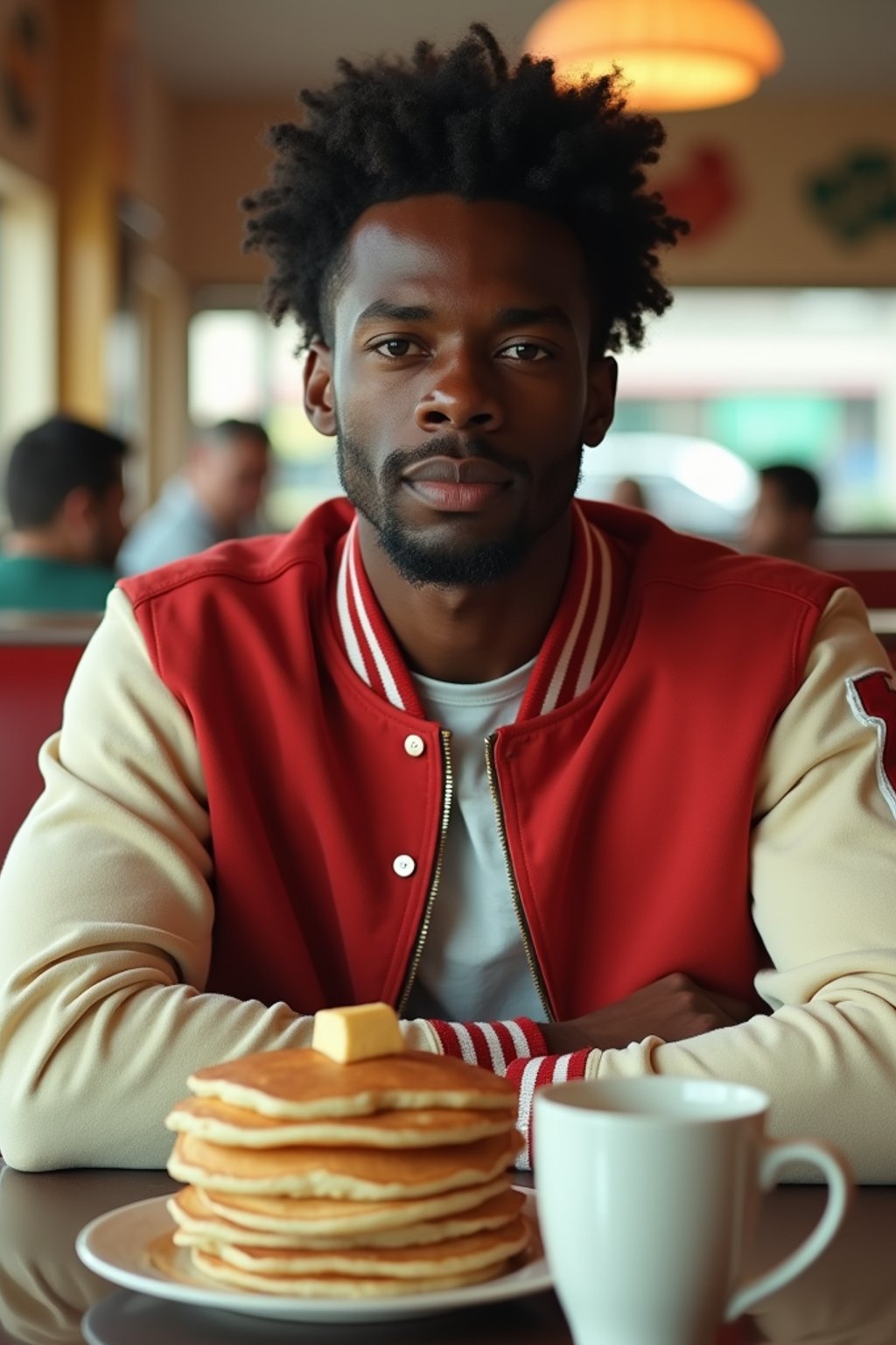 man in retro 1950s diner photo shoot. stack of pancakes and one coffee mug in front. man wearing varsity bomber