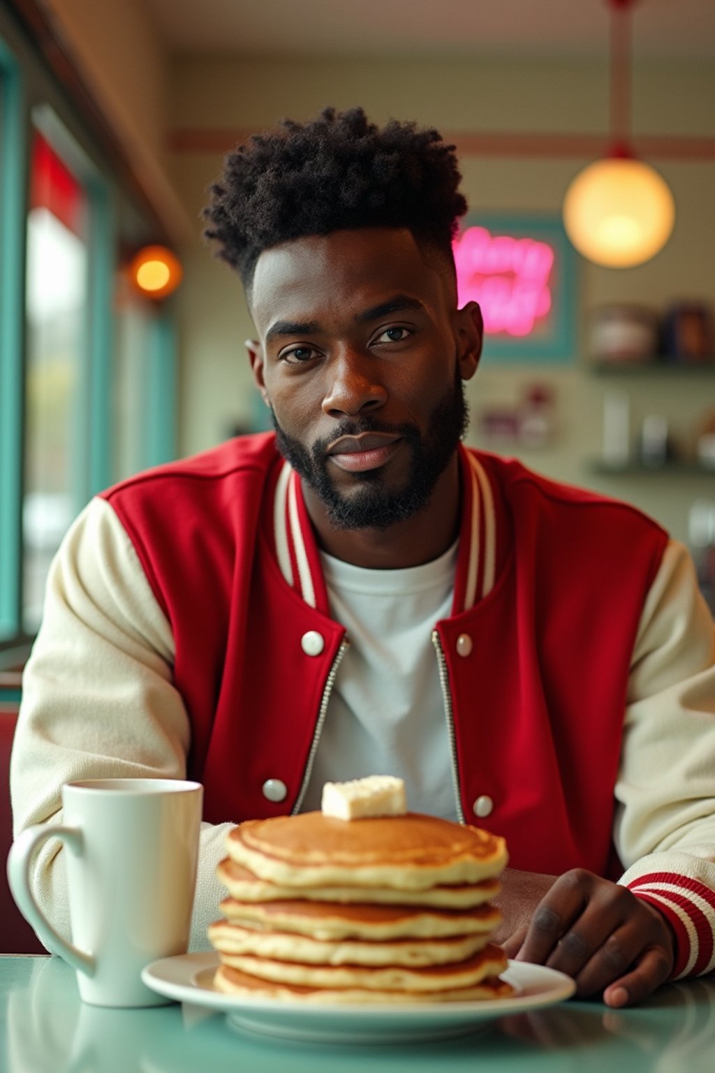 man in retro 1950s diner photo shoot. stack of pancakes and one coffee mug in front. man wearing varsity bomber