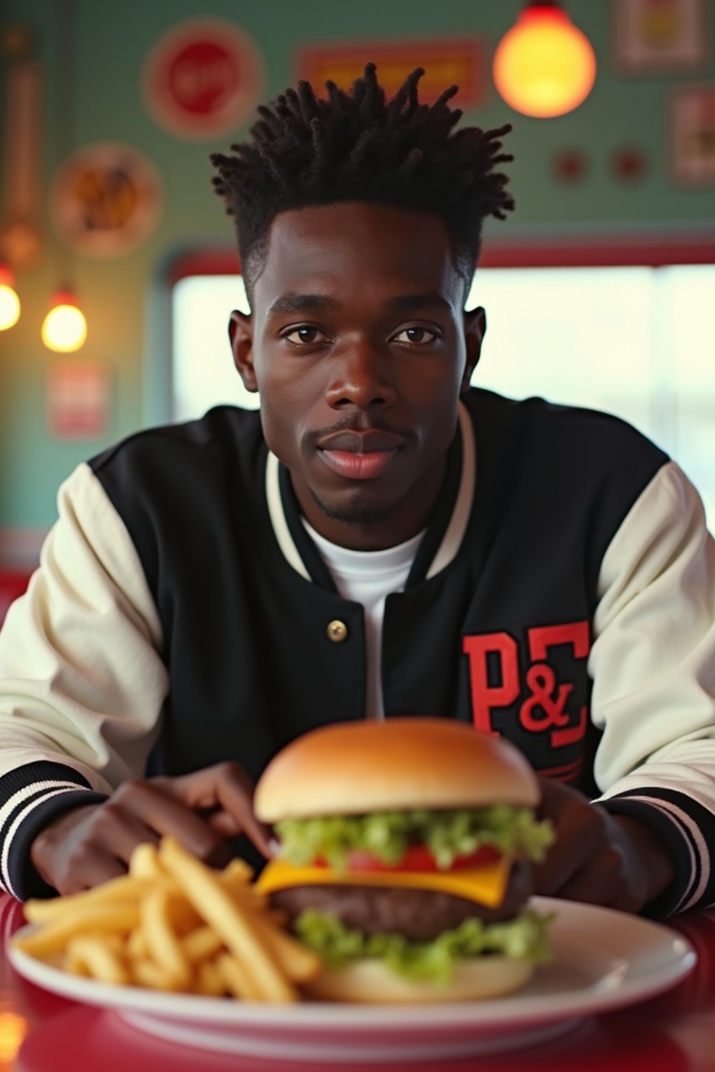 man in retro 1950s diner photo shoot. french fries and one cheeseburger on a plate in front. man wearing varsity bomber