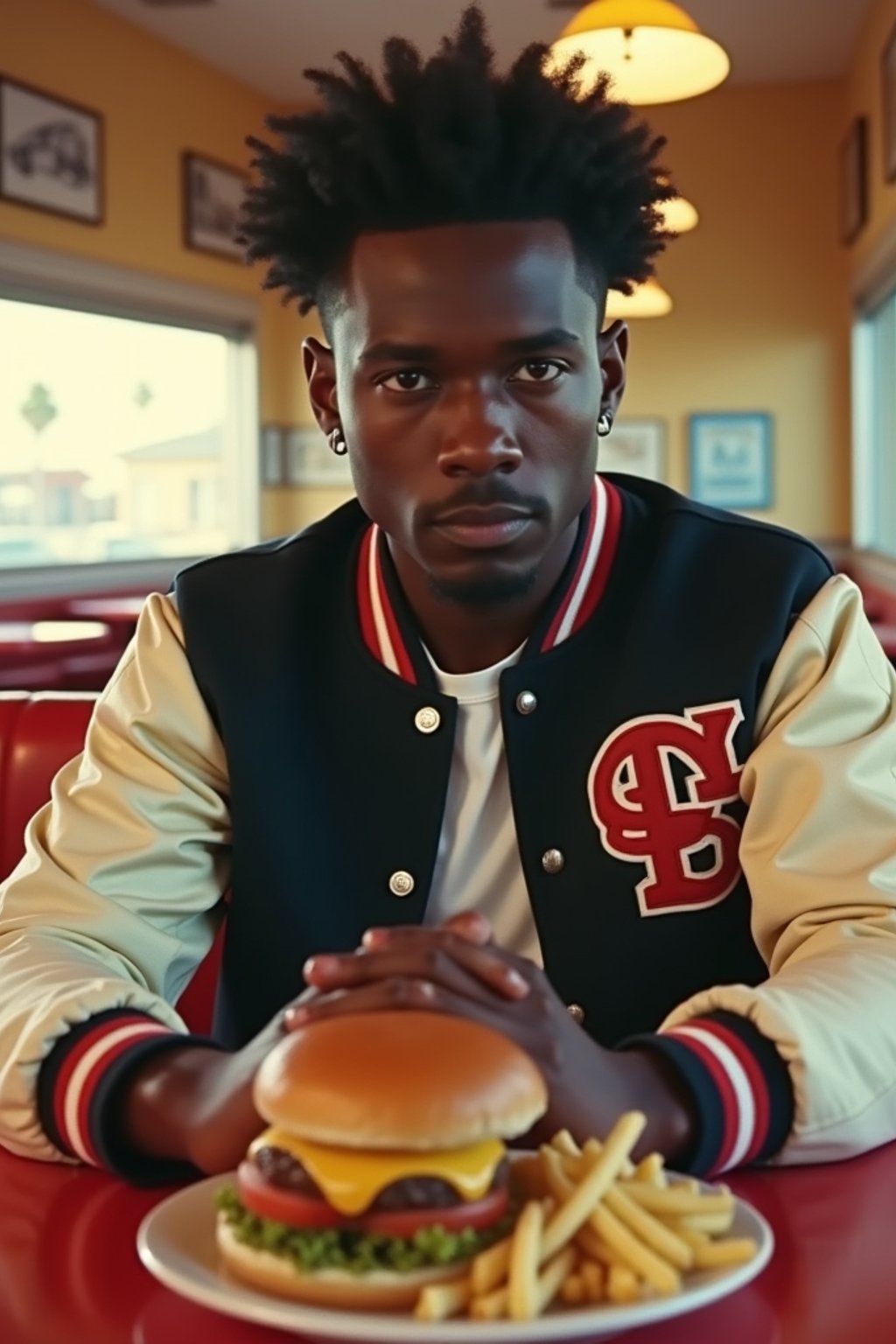 man in retro 1950s diner photo shoot. french fries and one cheeseburger on a plate in front. man wearing varsity bomber