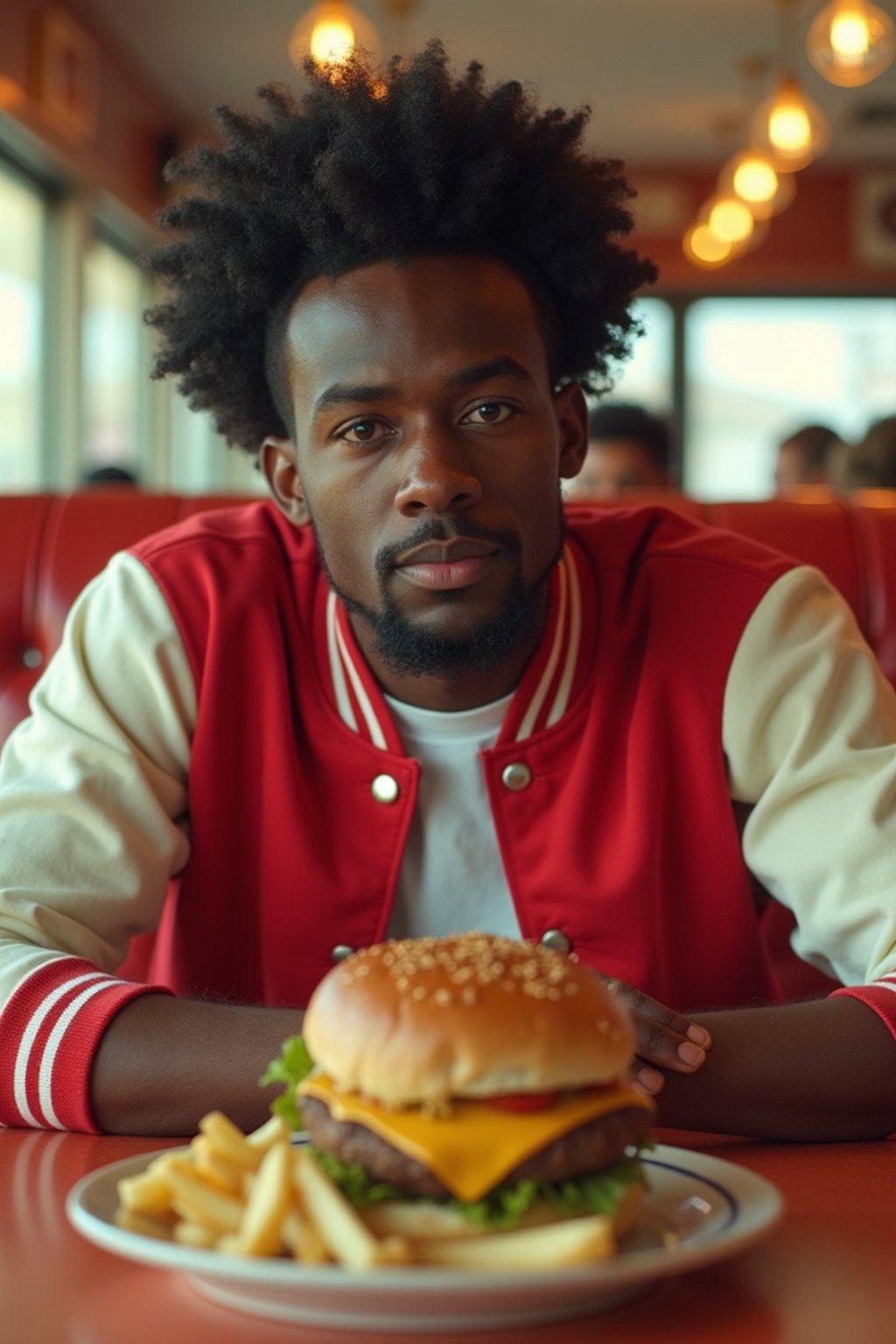 man in retro 1950s diner photo shoot. french fries and one cheeseburger on a plate in front. man wearing varsity bomber