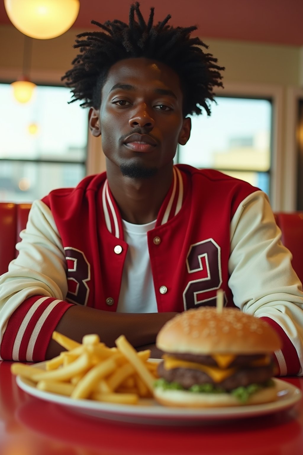 man in retro 1950s diner photo shoot. french fries and one cheeseburger on a plate in front. man wearing varsity bomber