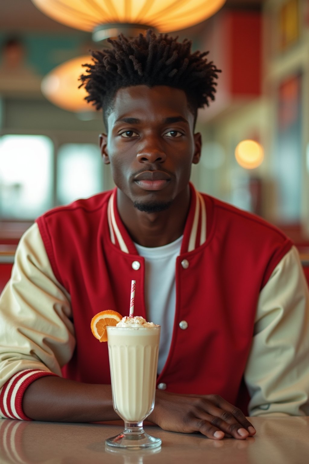 man in retro 1950s diner photo shoot. one milkshake in front. man wearing varsity bomber