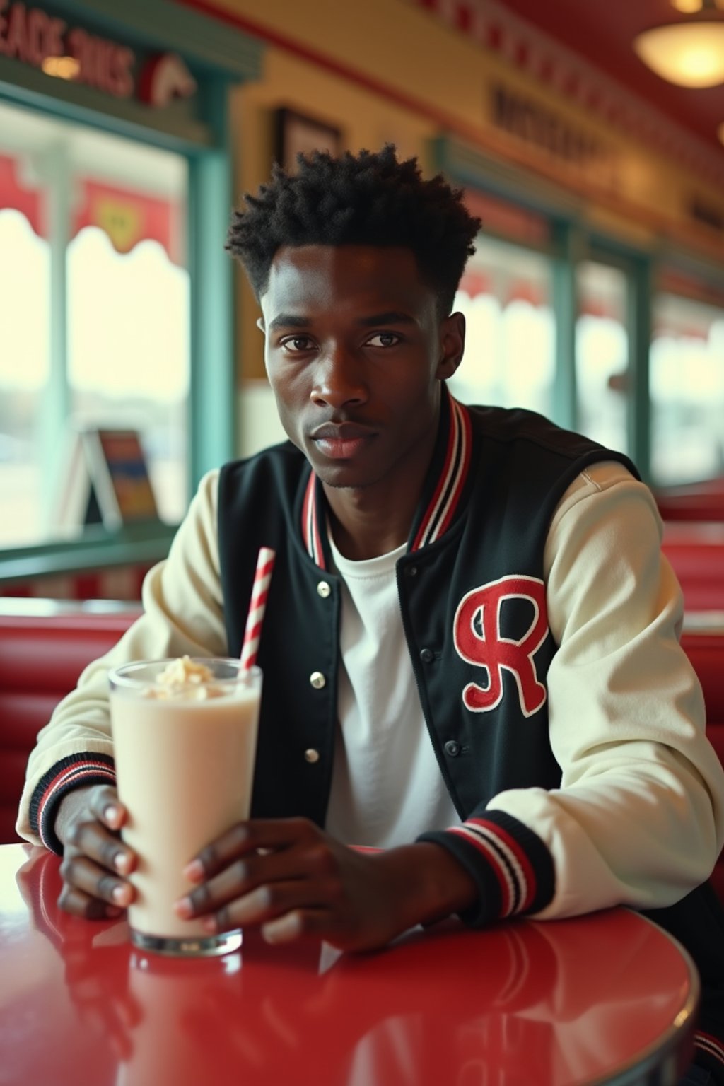 man in retro 1950s diner photo shoot. one milkshake in front. man wearing varsity bomber