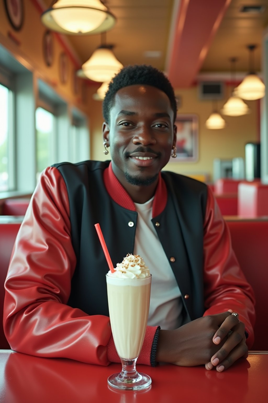 man in retro 1950s diner photo shoot. one milkshake in front. man wearing varsity bomber