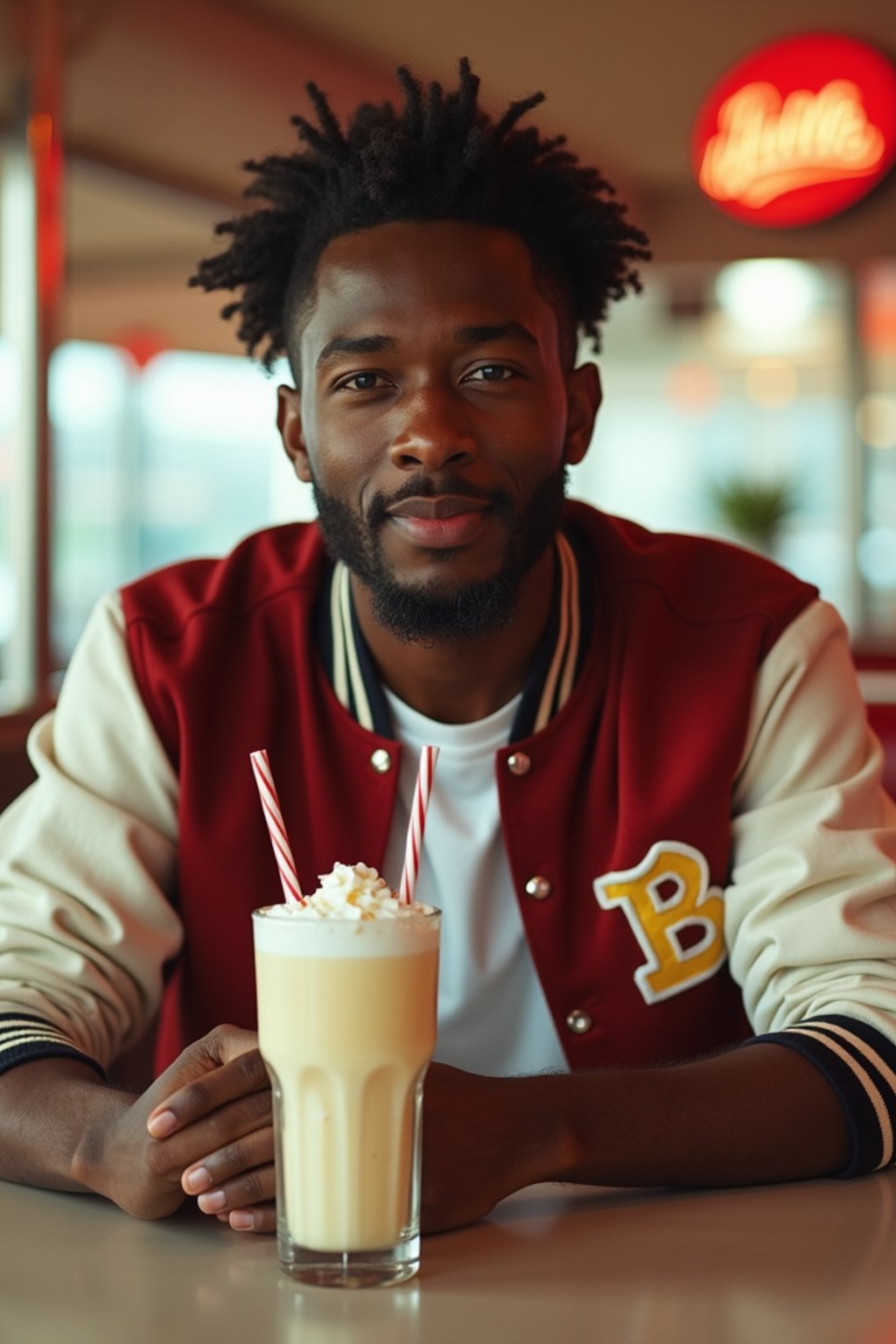 man in retro 1950s diner photo shoot. one milkshake in front. man wearing varsity bomber