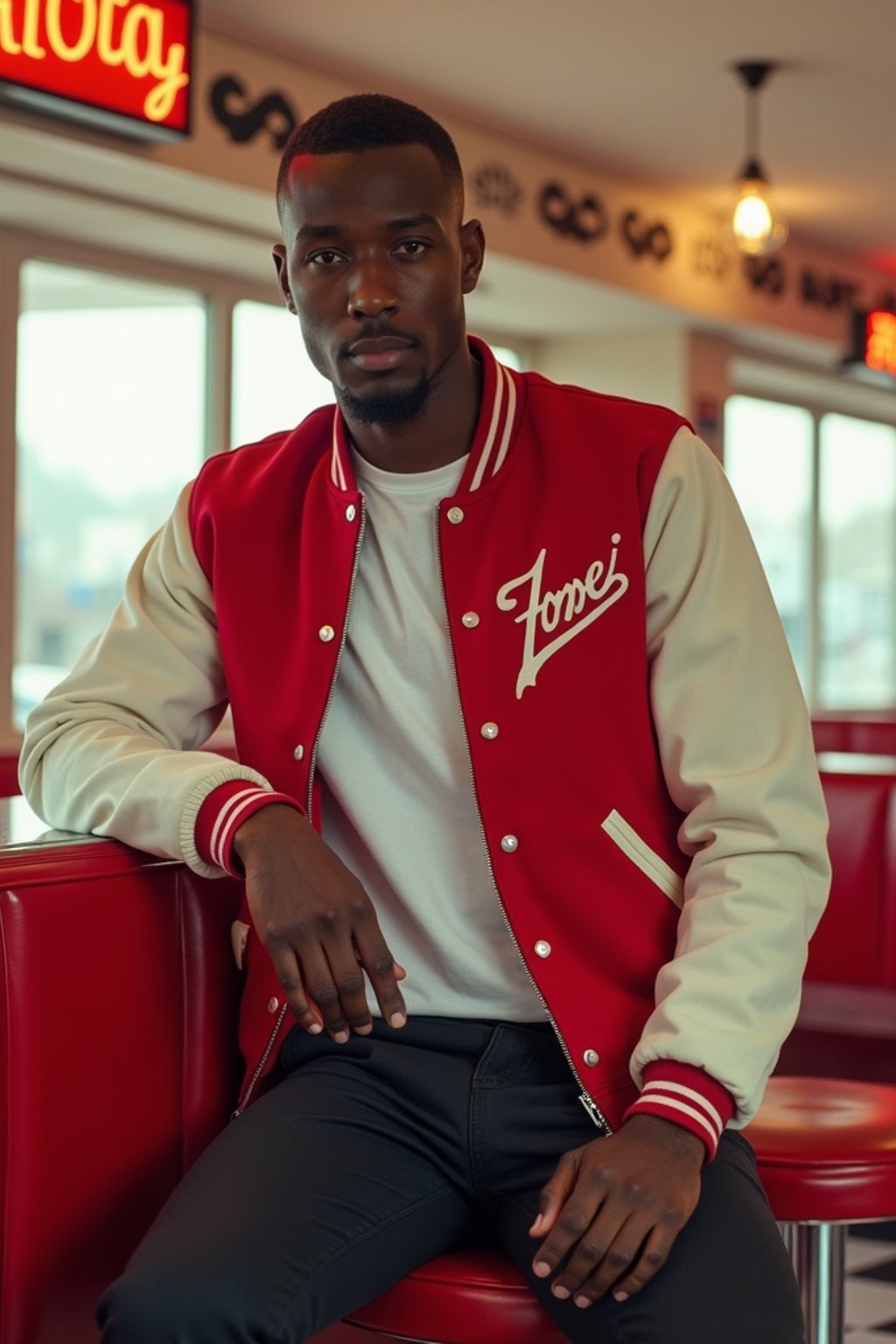 man in retro 1950s diner photo shoot. posing in front of red 1950s barstools. man wearing varsity bomber . white interior with red seats and black and white flooring.