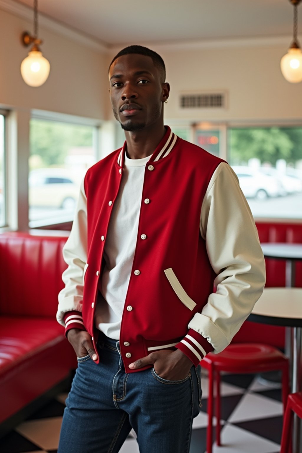 man in retro 1950s diner photo shoot. posing in front of red 1950s barstools. man wearing varsity bomber . white interior with red seats and black and white flooring.