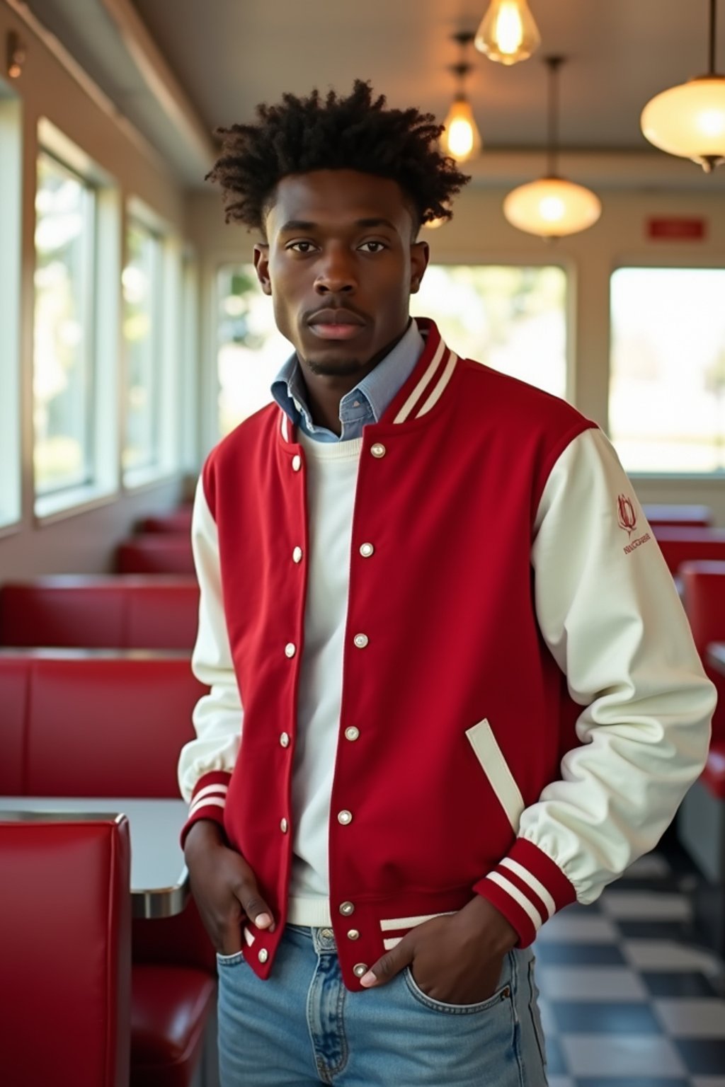 man in retro 1950s diner photo shoot. posing in front of red 1950s barstools. man wearing varsity bomber . white interior with red seats and black and white flooring.