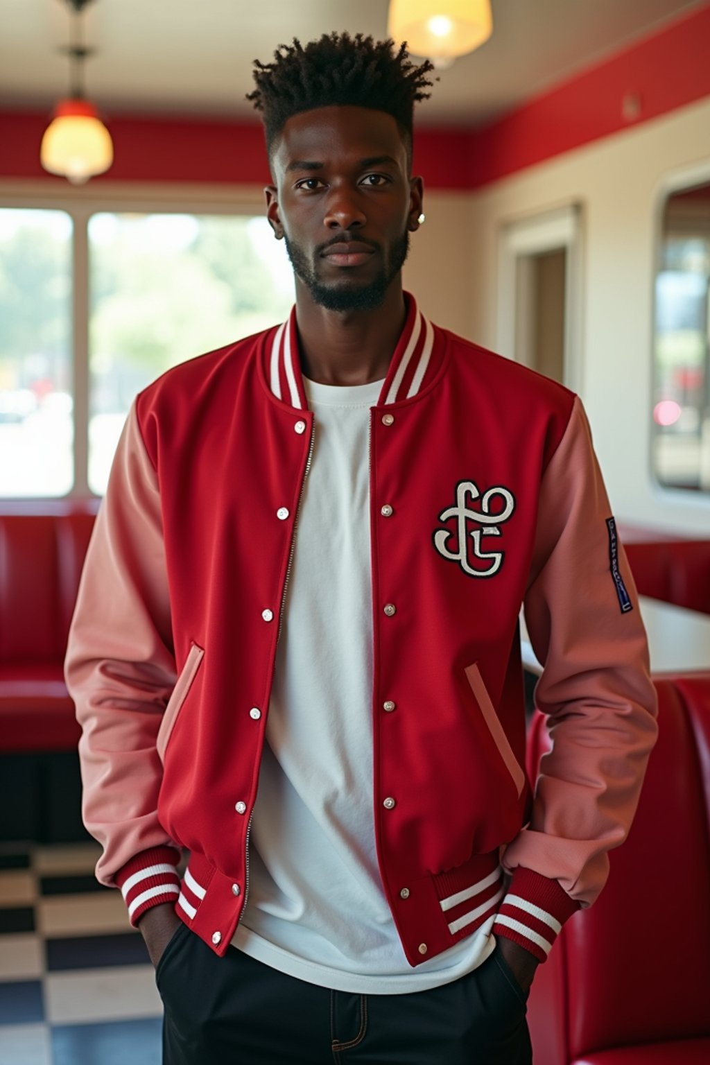 man in retro 1950s diner photo shoot. posing in front of red 1950s barstools. man wearing varsity bomber . white interior with red seats and black and white flooring.