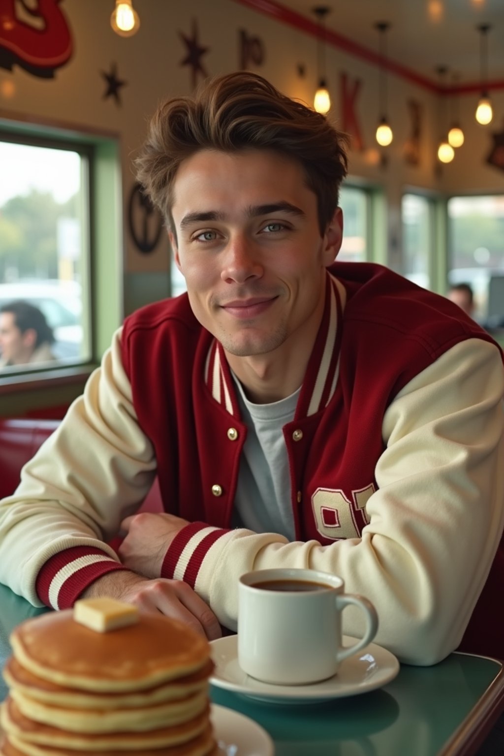 man in retro 1950s diner photo shoot. stack of pancakes and one coffee mug in front. man wearing varsity bomber