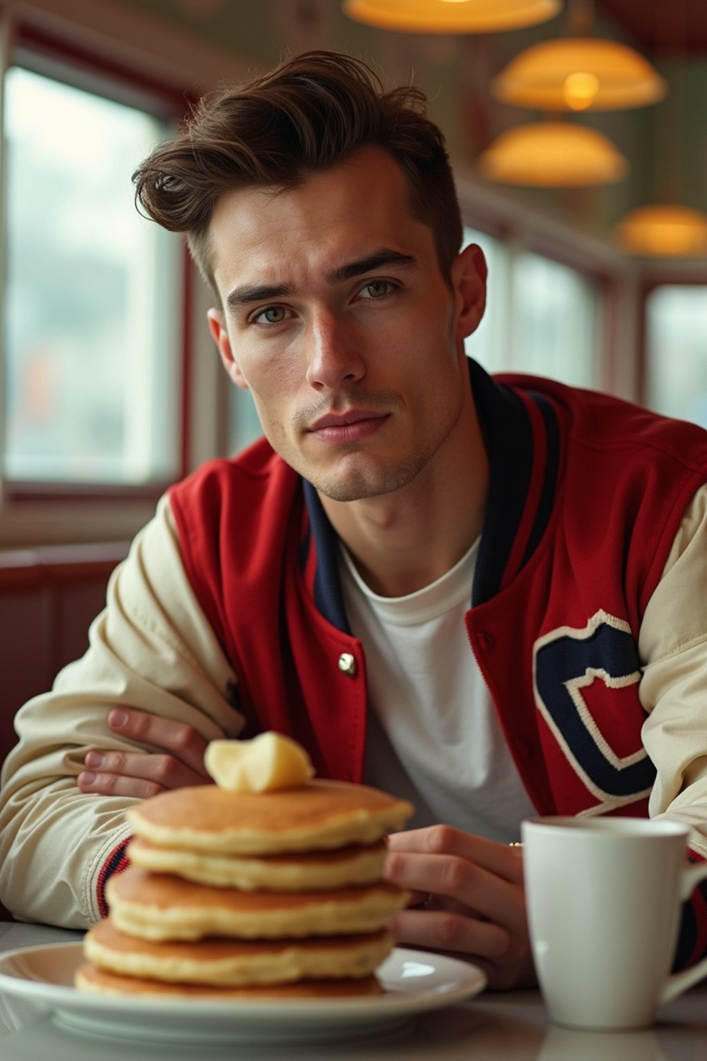 man in retro 1950s diner photo shoot. stack of pancakes and one coffee mug in front. man wearing varsity bomber