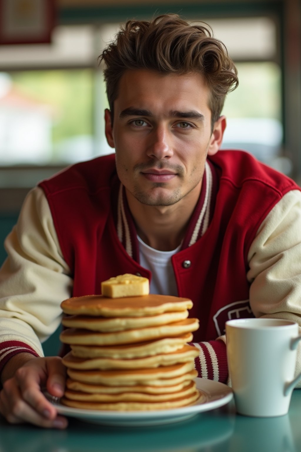 man in retro 1950s diner photo shoot. stack of pancakes and one coffee mug in front. man wearing varsity bomber