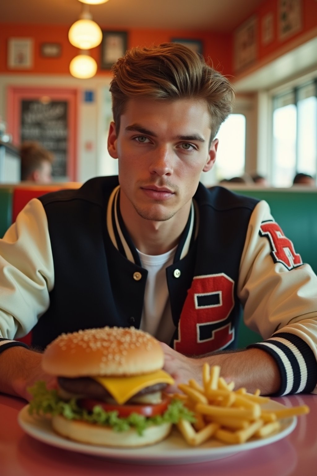 man in retro 1950s diner photo shoot. french fries and one cheeseburger on a plate in front. man wearing varsity bomber