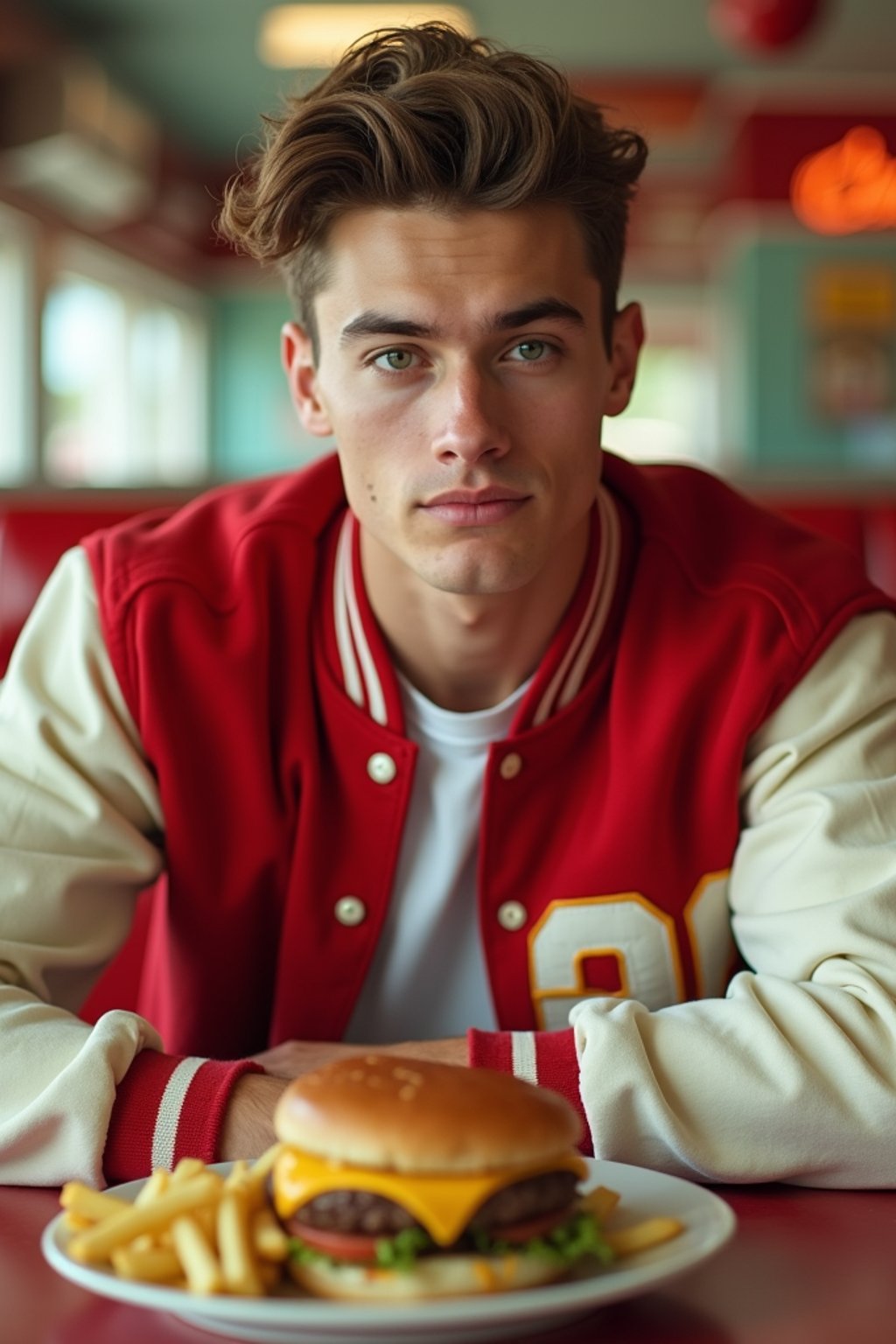 man in retro 1950s diner photo shoot. french fries and one cheeseburger on a plate in front. man wearing varsity bomber