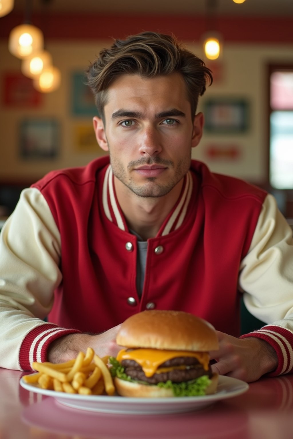 man in retro 1950s diner photo shoot. french fries and one cheeseburger on a plate in front. man wearing varsity bomber