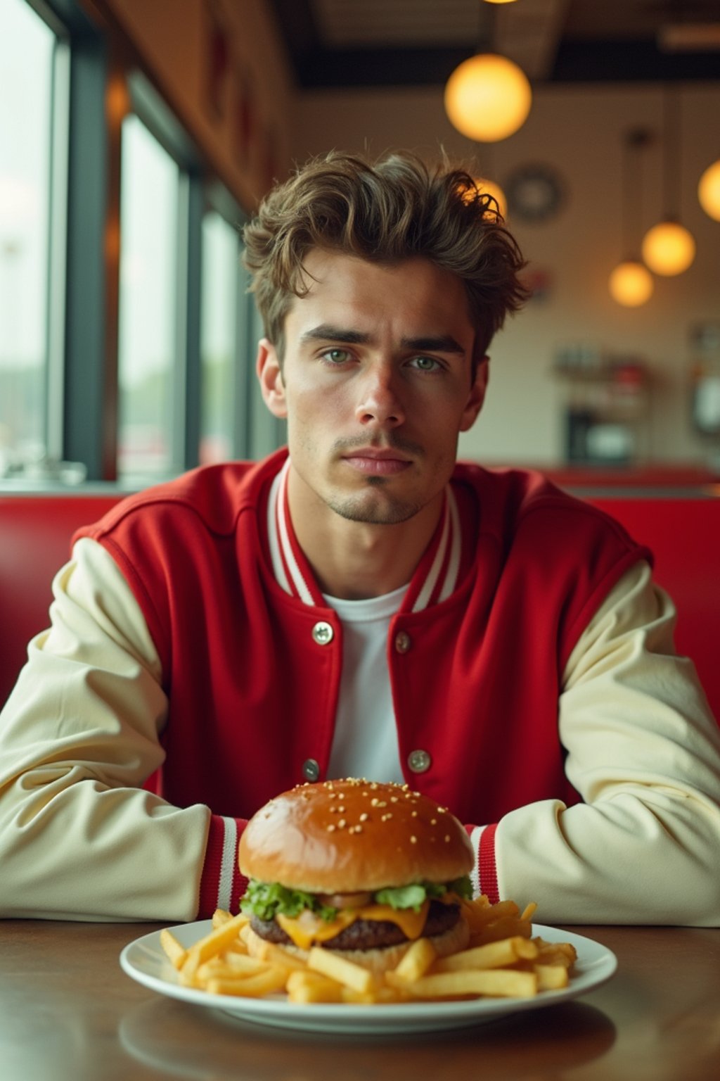 man in retro 1950s diner photo shoot. french fries and one cheeseburger on a plate in front. man wearing varsity bomber