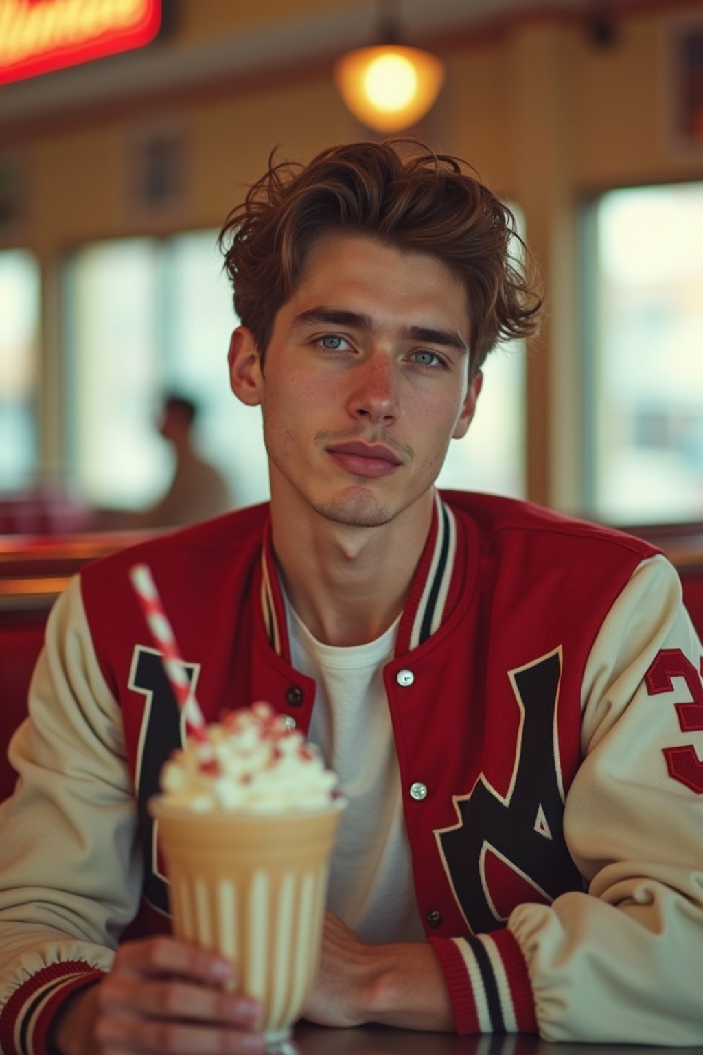 man in retro 1950s diner photo shoot. one milkshake in front. man wearing varsity bomber