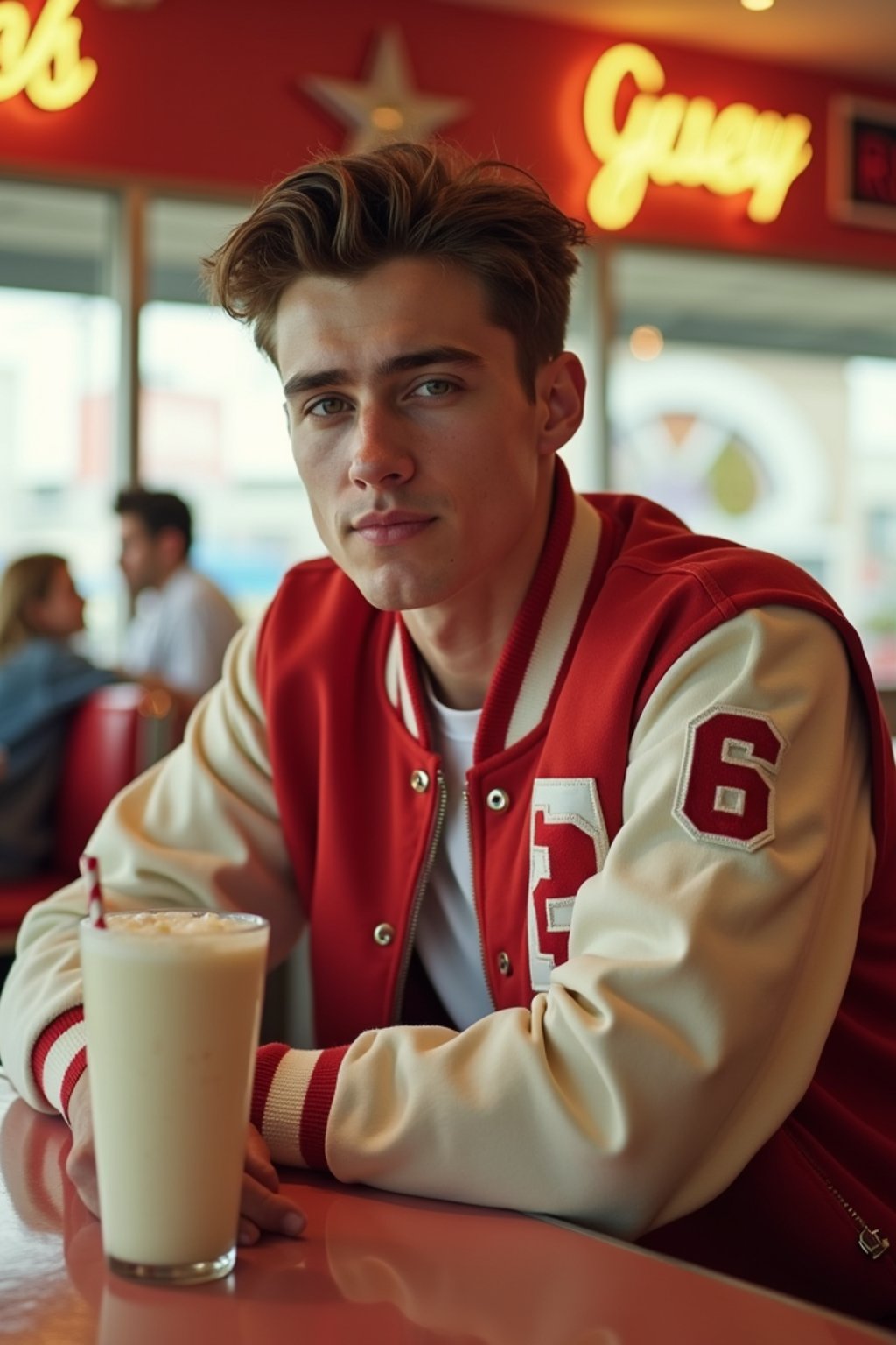 man in retro 1950s diner photo shoot. one milkshake in front. man wearing varsity bomber