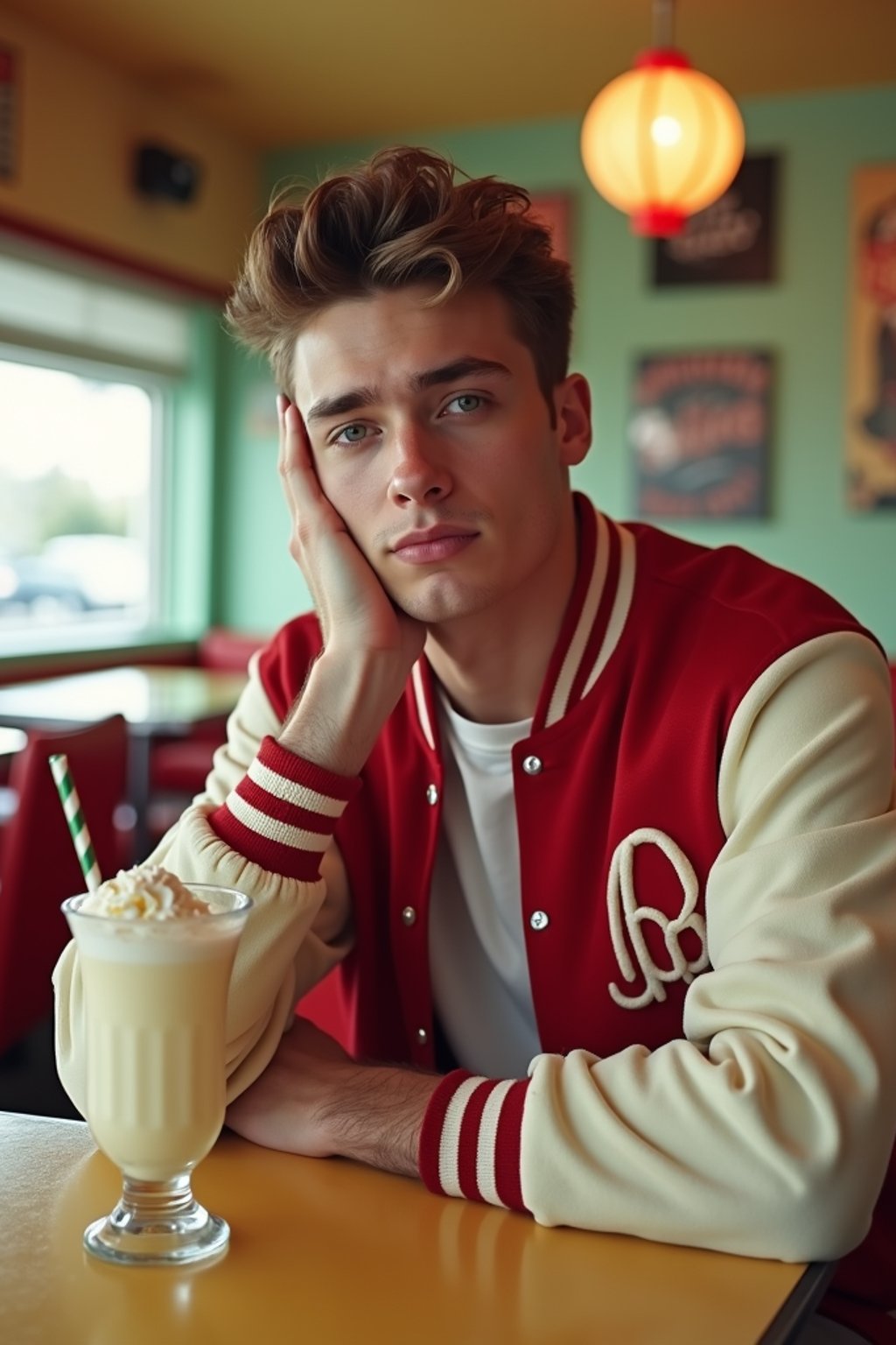 man in retro 1950s diner photo shoot. one milkshake in front. man wearing varsity bomber