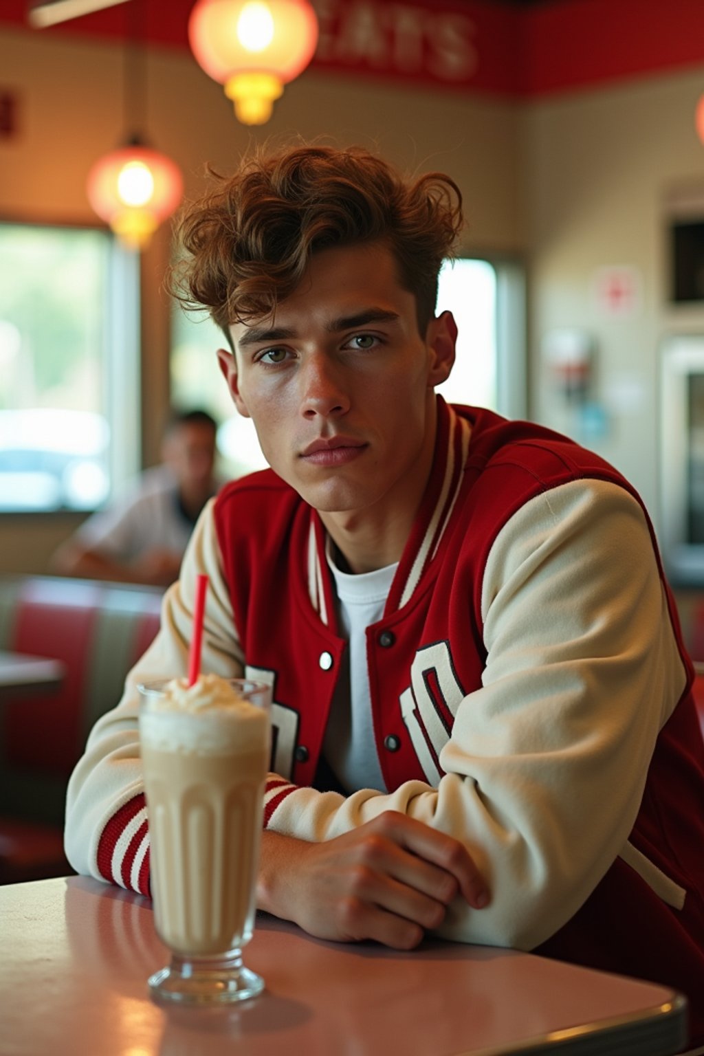 man in retro 1950s diner photo shoot. one milkshake in front. man wearing varsity bomber