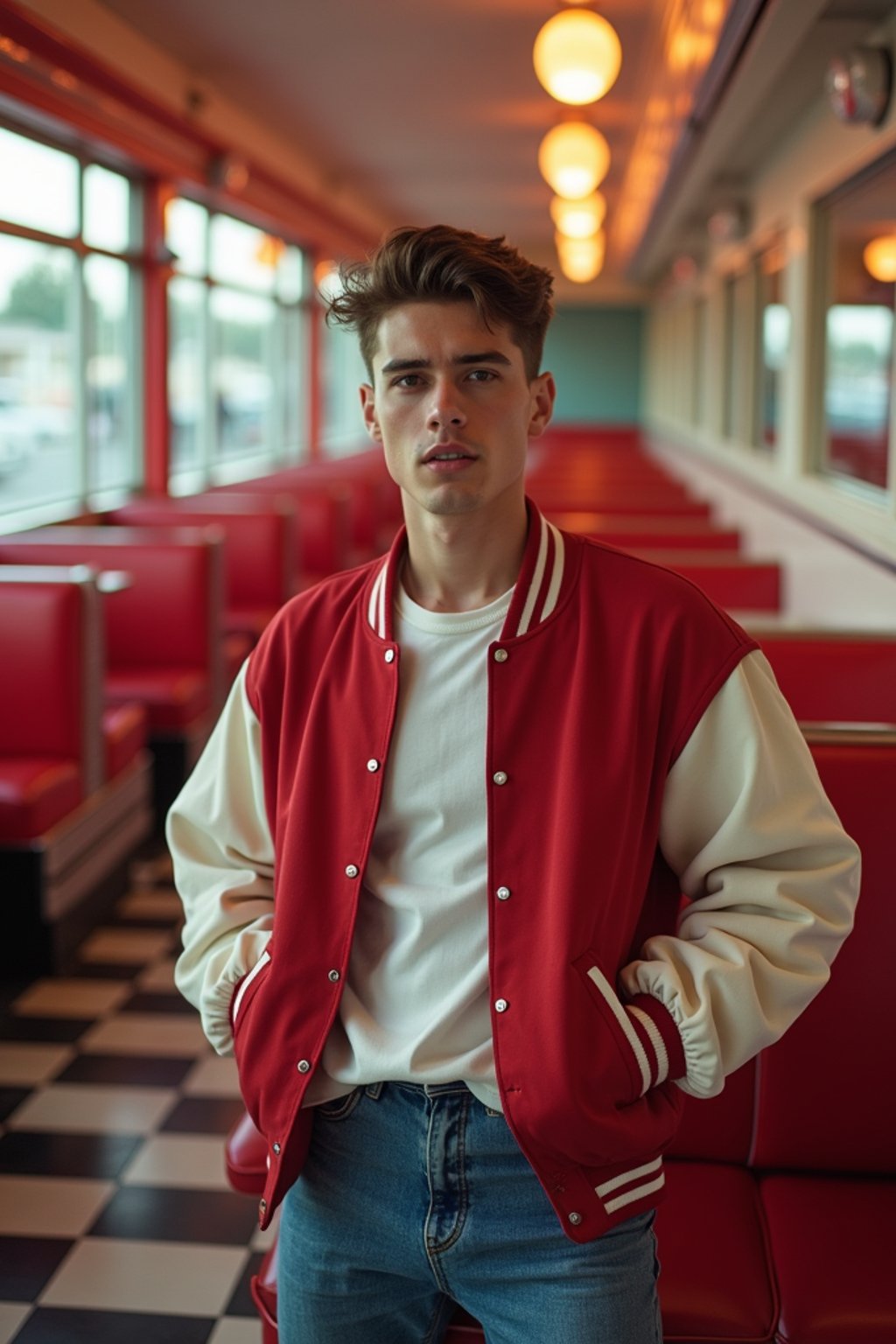 man in retro 1950s diner photo shoot. posing in front of red 1950s barstools. man wearing varsity bomber . white interior with red seats and black and white flooring.