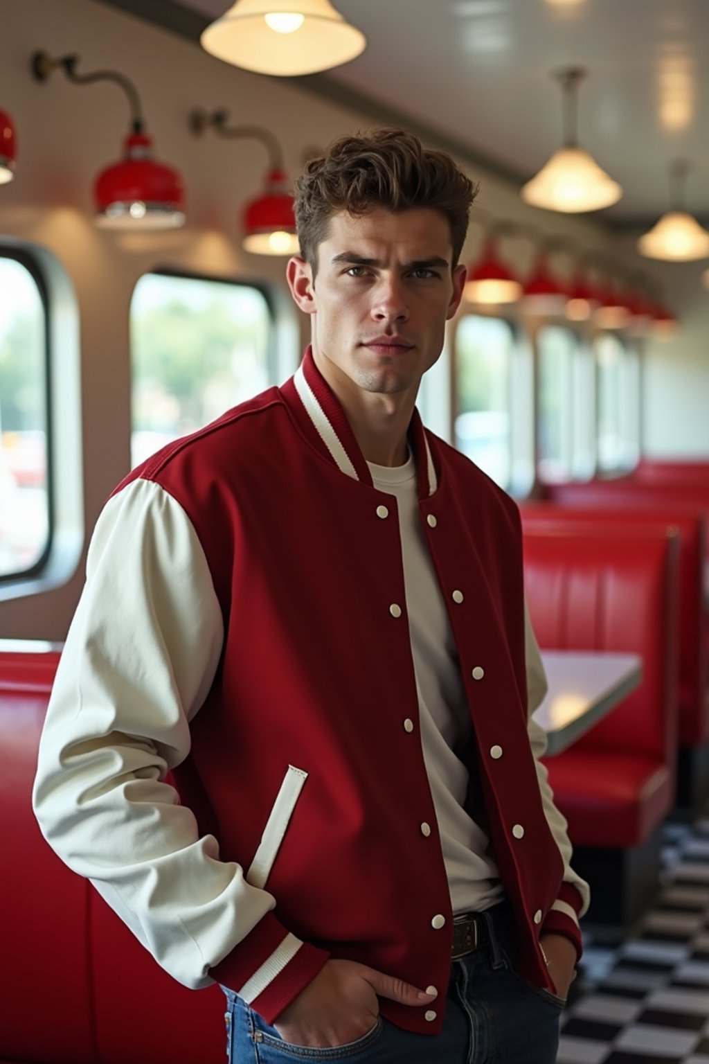 man in retro 1950s diner photo shoot. posing in front of red 1950s barstools. man wearing varsity bomber . white interior with red seats and black and white flooring.