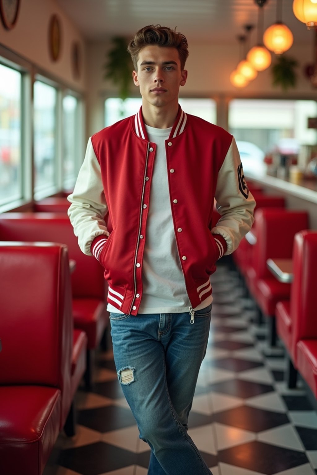 man in retro 1950s diner photo shoot. posing in front of red 1950s barstools. man wearing varsity bomber . white interior with red seats and black and white flooring.