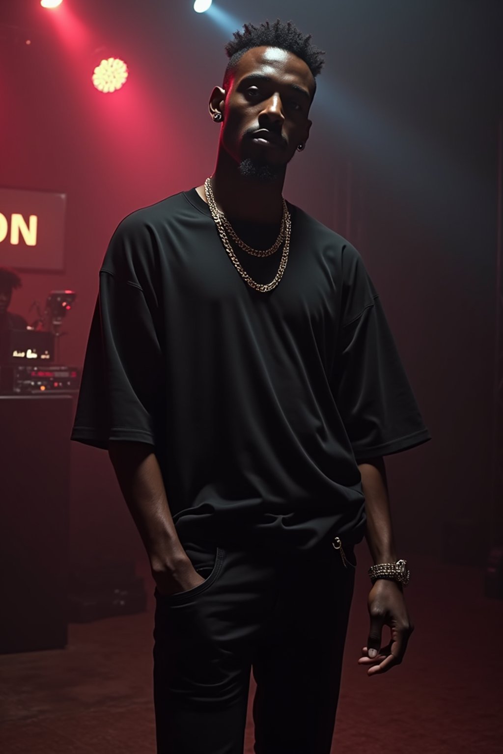 man at techno party in Berghain night club in Berlin. at night. man wears  black oversized t-shirt, gold chain, black jeans, and black combat boots