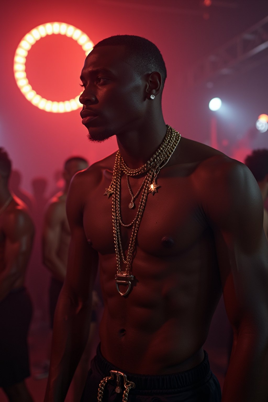 cool man at techno party in berghain night club in berlin. at night. the man is shirtless  wearing black leather shorts, wears gold chain. body covered in metal chains.