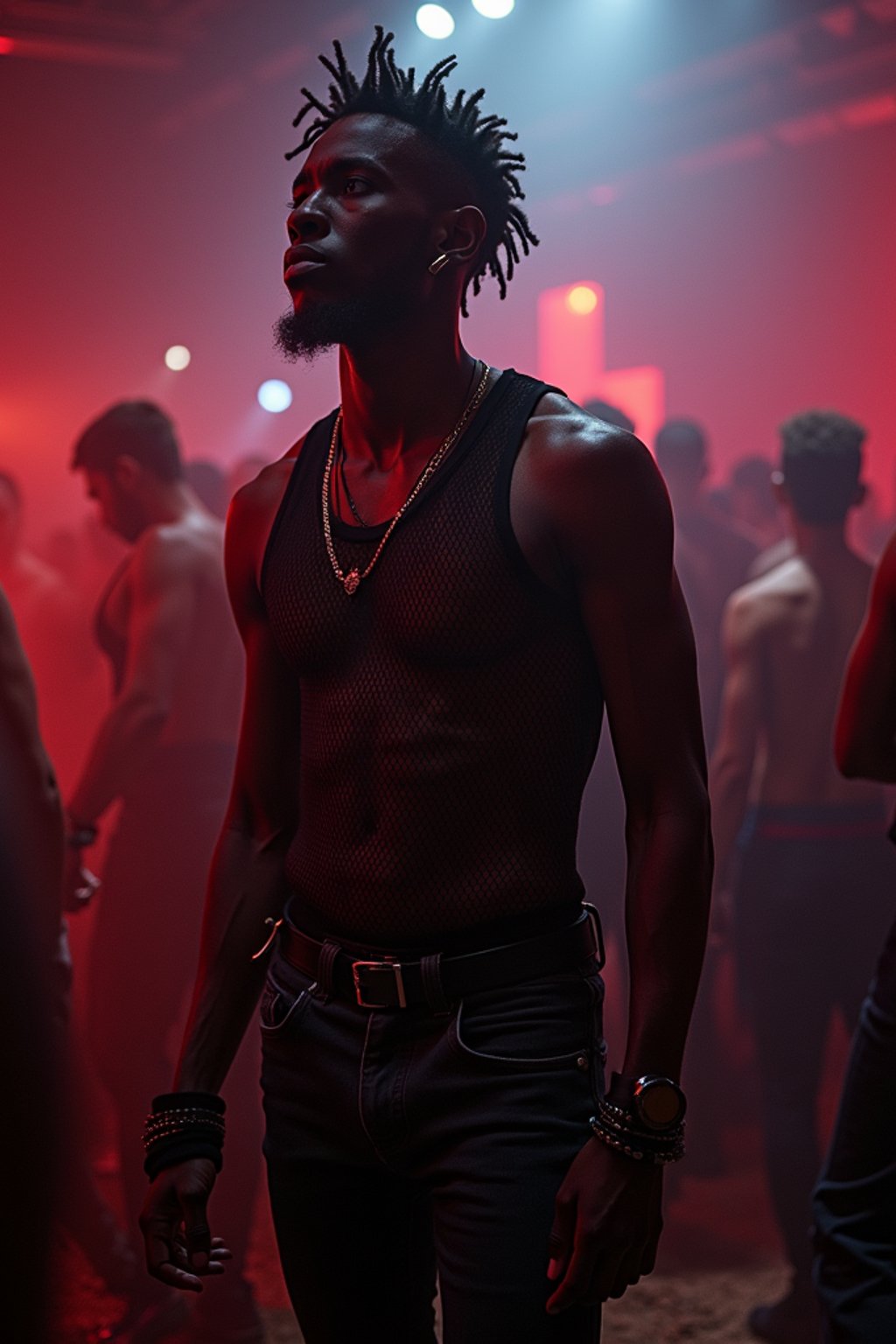 man at techno party in Berghain night club in Berlin. at night. the man wears a  black fishnet tanktop, black jeans, black boots