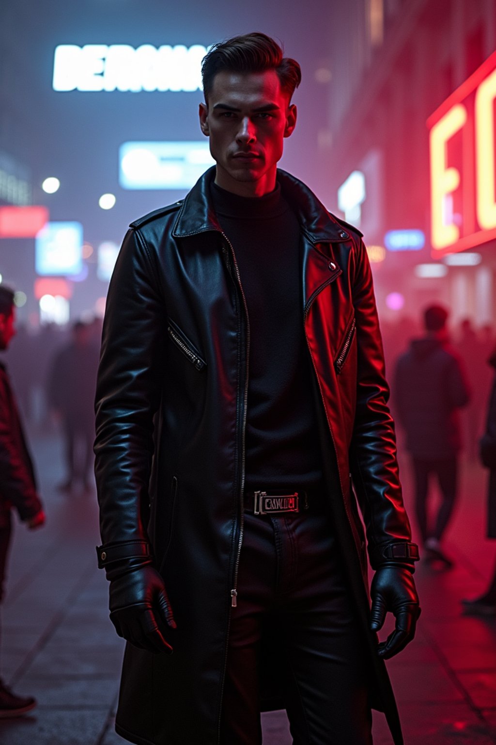 man outside techno party outside berghain night club in berlin at night. the man wears  full leather outfit, futuristic techno design