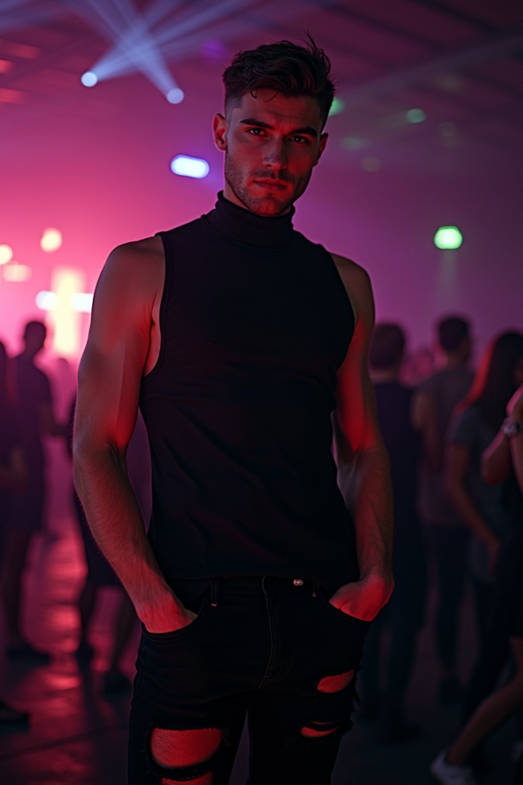 man at techno party in berghain night club in berlin. at night. the man wears a black high neck tanktop. and ripped black jeans.