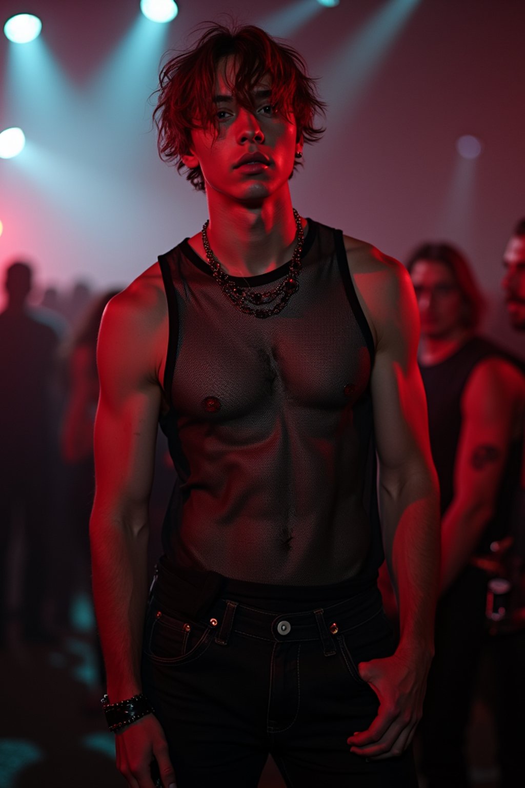man at techno party in Berghain night club in Berlin. at night. the man wears a  black fishnet tanktop, black jeans, black boots