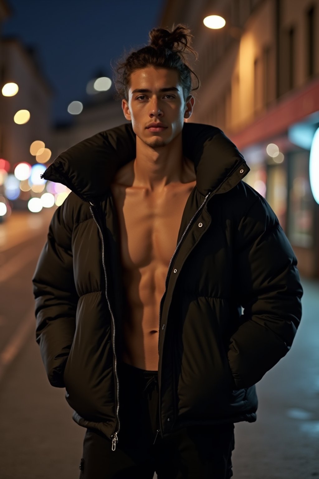 man, wearing oversized black puffer coat outside night club in berlin at night.  underneath puffer coat he is shirtless and wears black shorts, hair in a knot