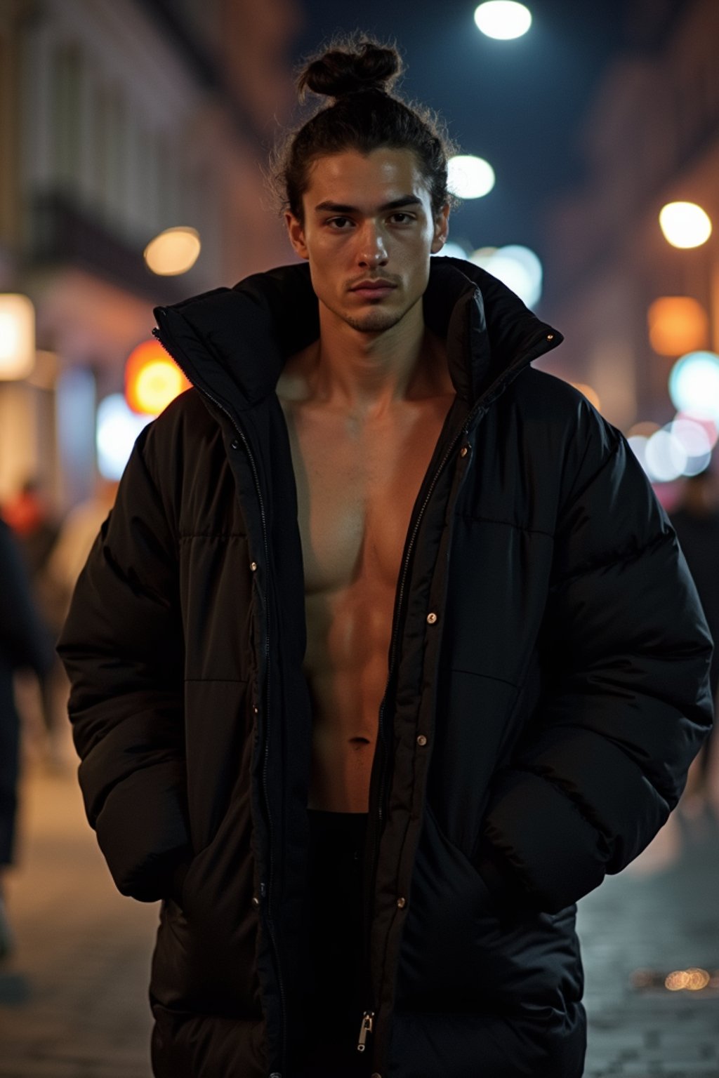 man, wearing oversized black puffer coat outside night club in berlin at night.  underneath puffer coat he is shirtless and wears black shorts, hair in a knot