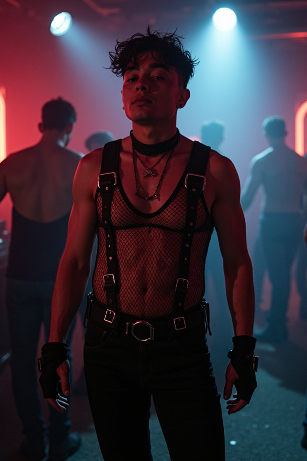man at techno party in berghain night club in berlin. at night. the man wears fishnet top,   black jeans  fishnet stockings, black boots. garter straps, bdsm harness, garter  belts