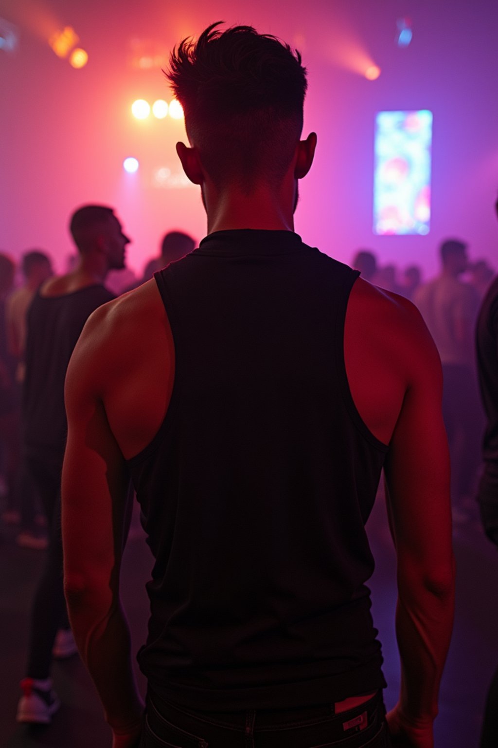 man at techno party in berghain night club in berlin. at night. the man wears a black high neck tanktop. and ripped black jeans.